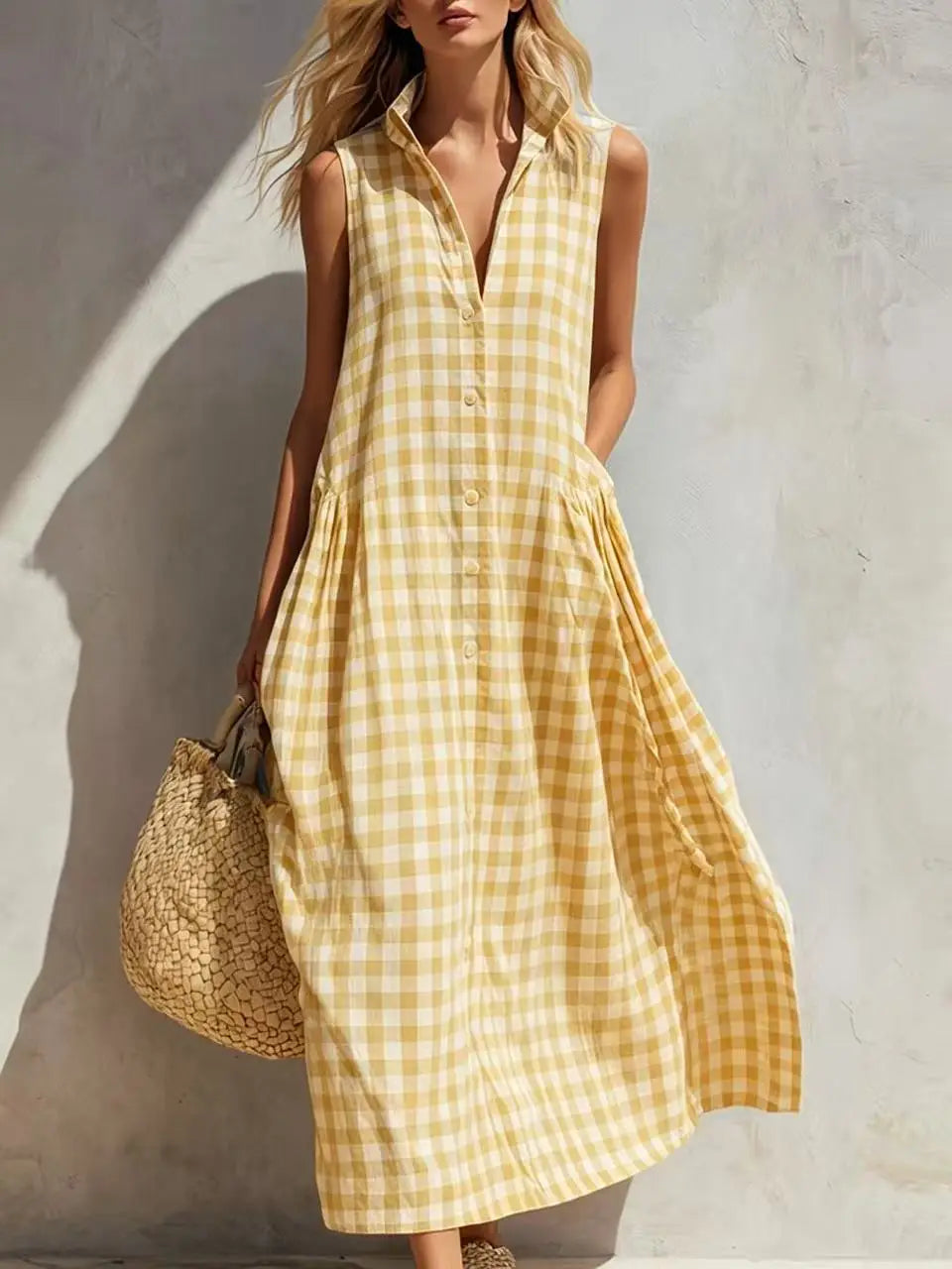 Loose Plaid Sleeveless Single Breasted Maxi Dress for Women