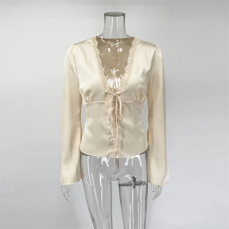Lace-Up Satin Patchwork V-Neck Vest Top for Women**