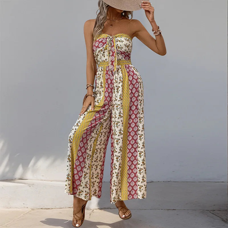 Printed Strapless Tube Top Tie Front Jumpsuit for Women