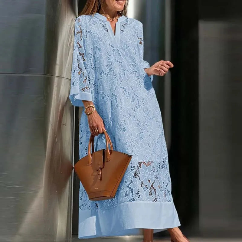 Summer Women White Lace Hollow Evening Dress Elegant V Neck Contrast Patchwork Mesh Women Long Sleeve Party lace Dress 2 piec