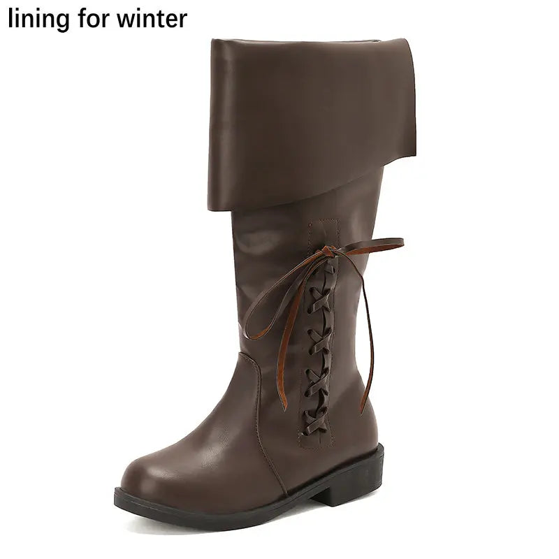 Retro Cross-Tied Flat Mid-Calf Costume Boots for Women