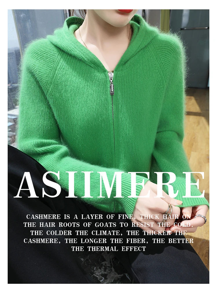 Loose Hooded Cashmere Knit Zipper Cardigan for Women