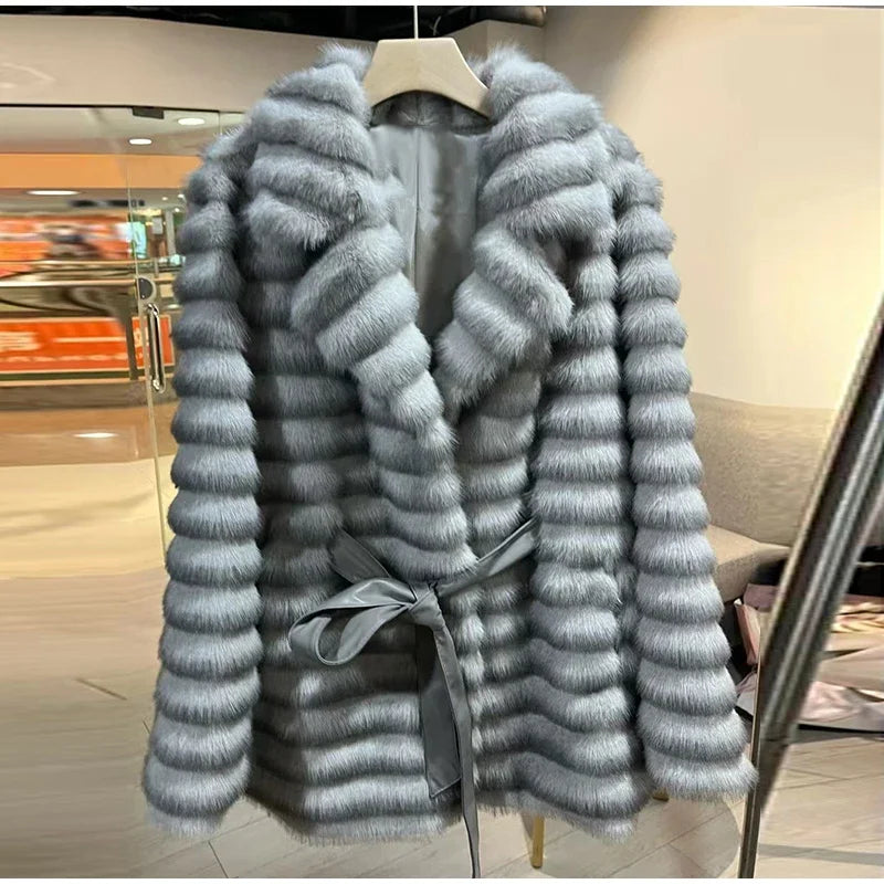 Faux Fur Belted Lapel Coat With Lace Up Front for Women