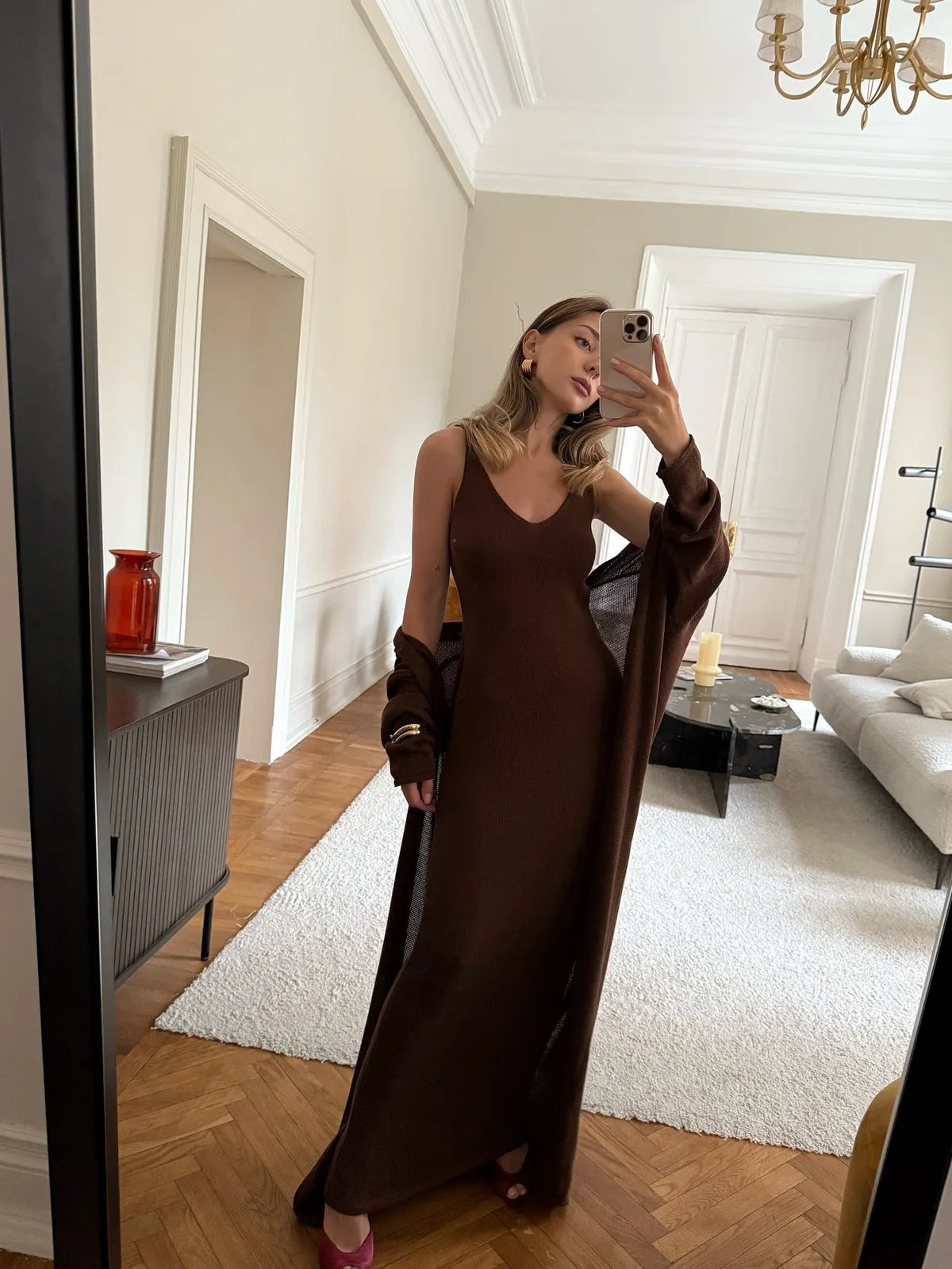 V-Neck Ribbed Knit Maxi Dress Set