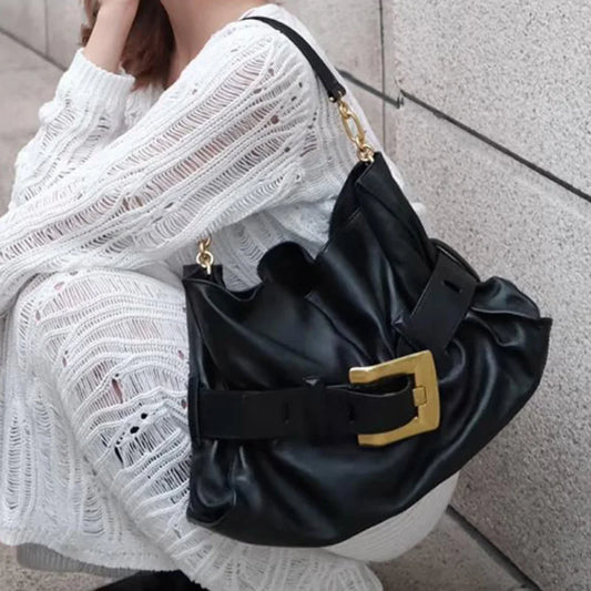 Women's Pleated Motorcycle Bag Trendy Belt Buckle Shoulder Bag Brand Design Fashion Large Capacity Texture Underarm Bag Tote Bag