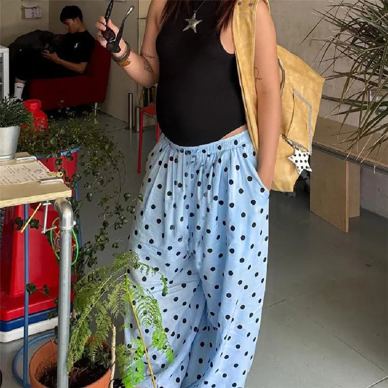 Retro Polka Dot Wide Leg Casual Trousers for Women