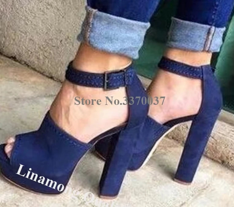 Blue Suede Platform Pumps With Chunky Heel For Women