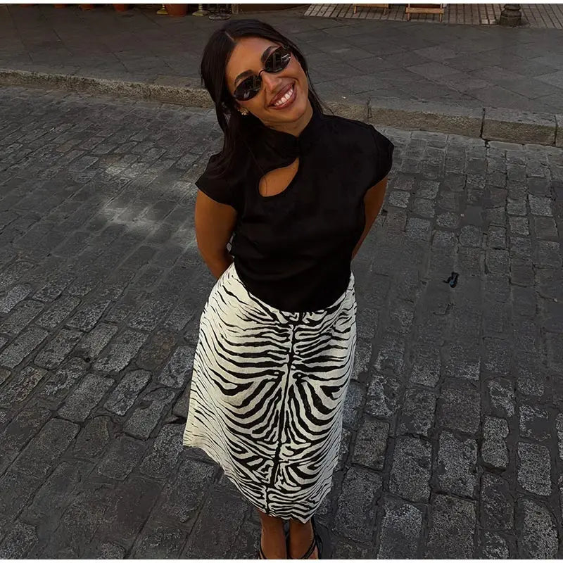 High Waist Leopard Print Zipper Midi Skirt for Women