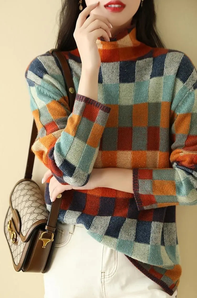 Cozy Thick Knit Turtleneck Sweater With Plaid Pattern For Women