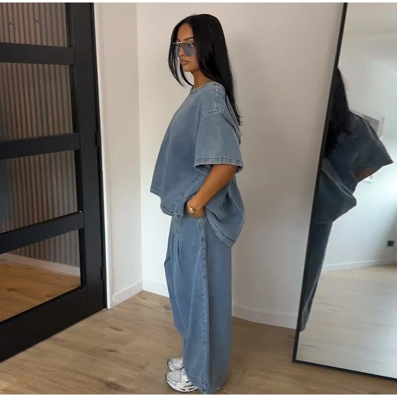 Oversized O Neck Casual Denim Two Piece Set for Women