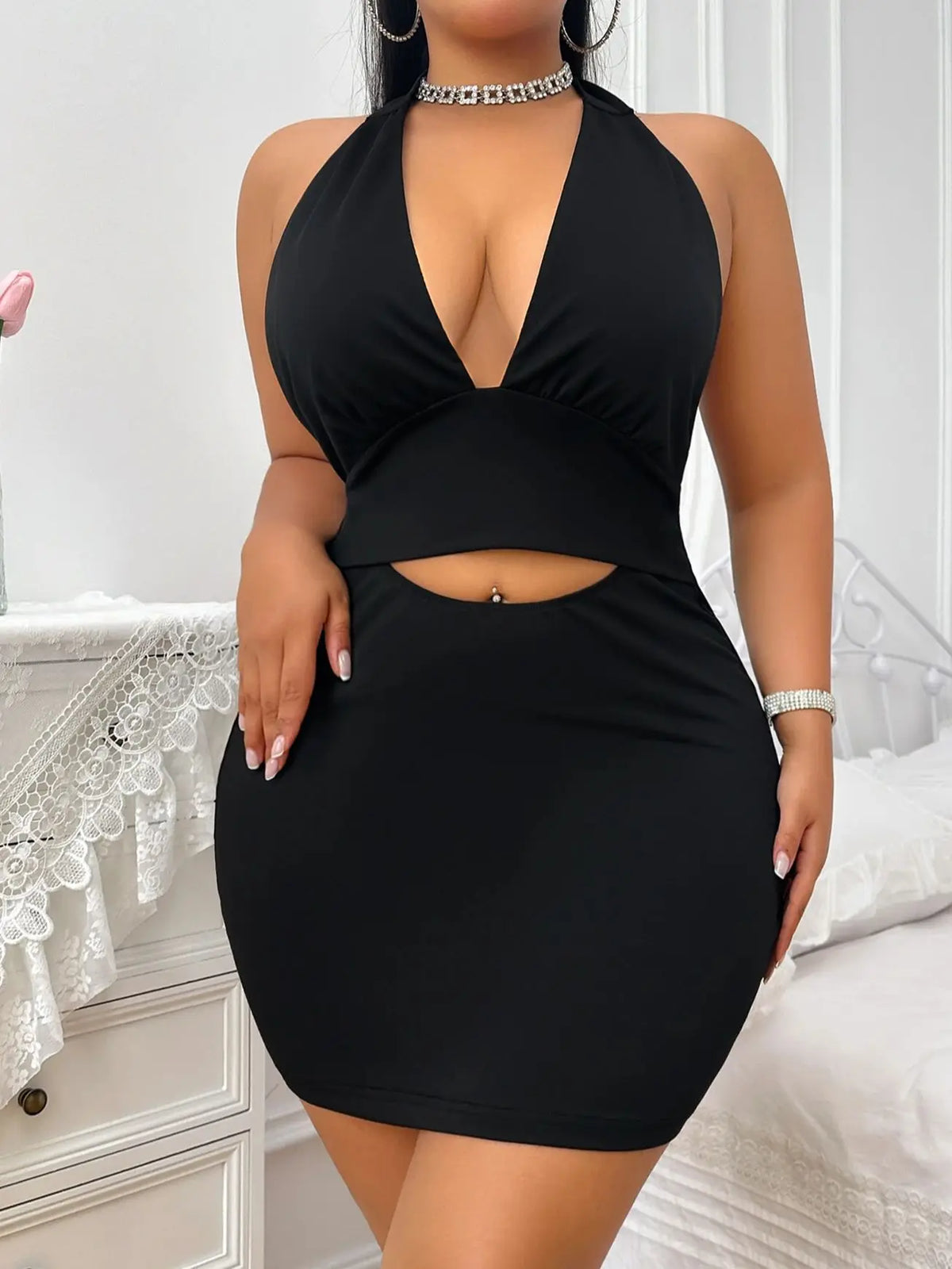 Sexy Deep V Neck Backless Halter Mini Dress for Women