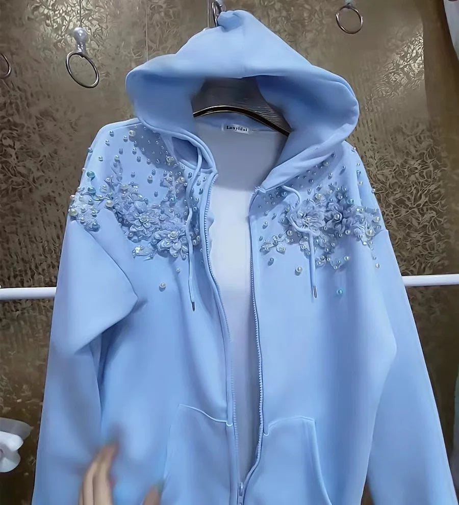 Beaded Sequined Stitch Hoodie Women Cotton Sweatshirts Long Sleeve Outerwears Female Zipper Cardigan Coat 2025 Woman Clothing
