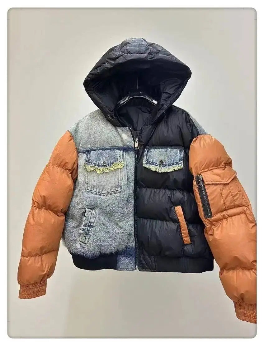 ANJY Autumn Winter New Women European Trendy Padded Coat Heavy-Duty Denim Patchwork Pocket Color-Block Hooded Down Jacket A12508