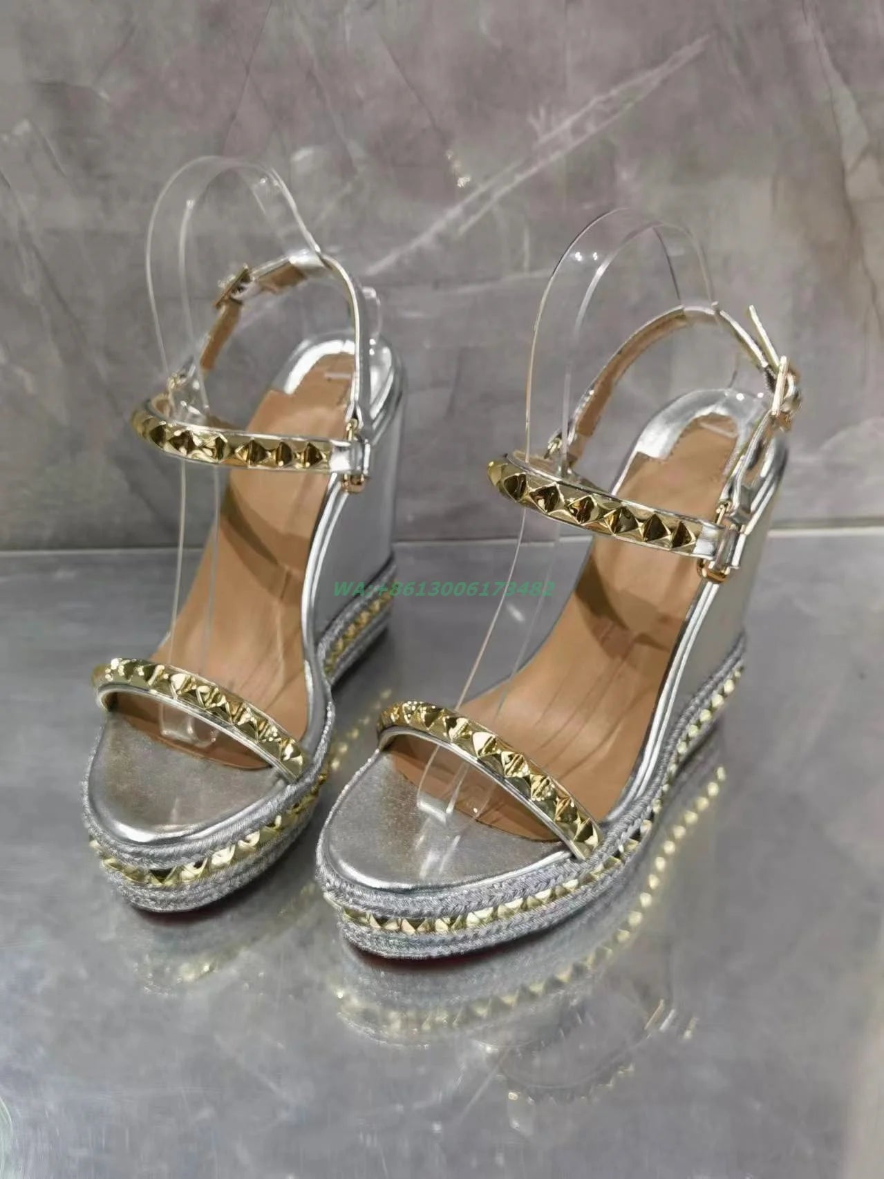 Design Women Summer Silver High Wedge Sandal Open Toe Gold Rivets Wedge Heel High Platform Slingback Buckle Strap Silver Sandal