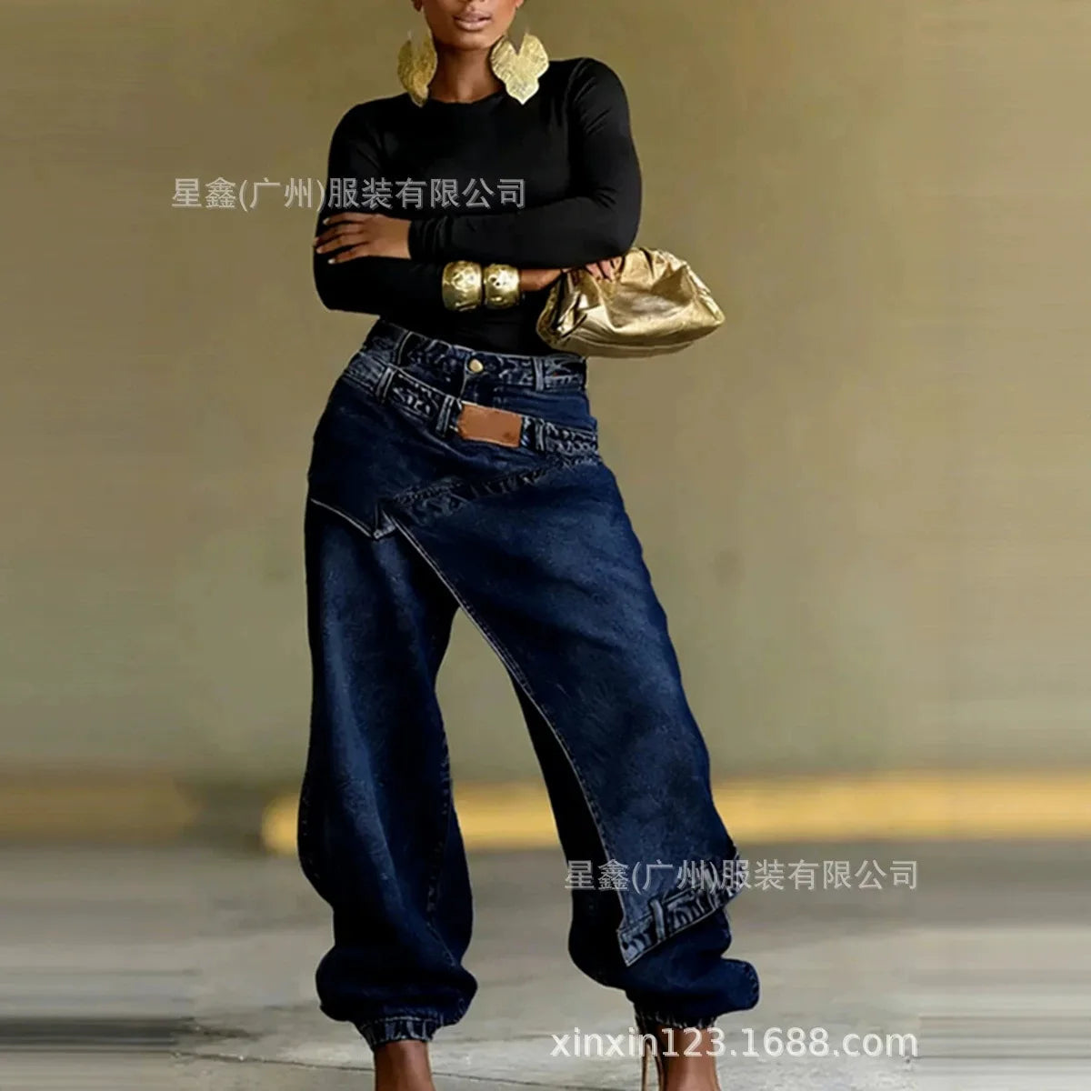 Washed Patchwork Baggy Irregular Wrap Front Jeans for Women