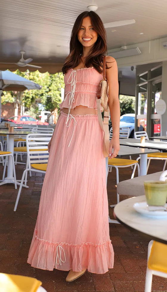 Pleated Bow Suspender Top and Skirt Two Piece Set for Women