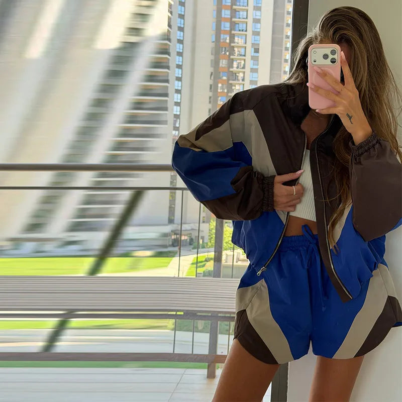 Contrast Color Zip Jacket and Shorts Two Piece Set for Women
