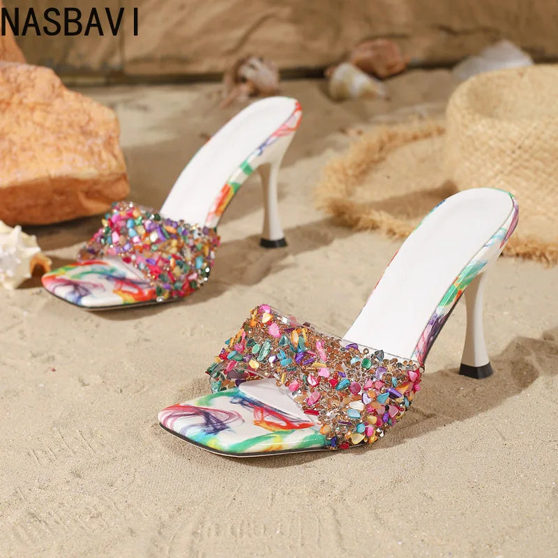 Rhinestone Square Heel Open Toe Slides