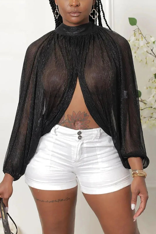 Plus Size Black Party Lantern Sleeves High Slit Bronzing Cape Blouses