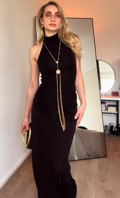 Elegant Metal Chain Pleated Dress Women Sleeveless Off Shoulder Patchwork Slim Long Dresses 2025 New Lady Evening Party Vestidos