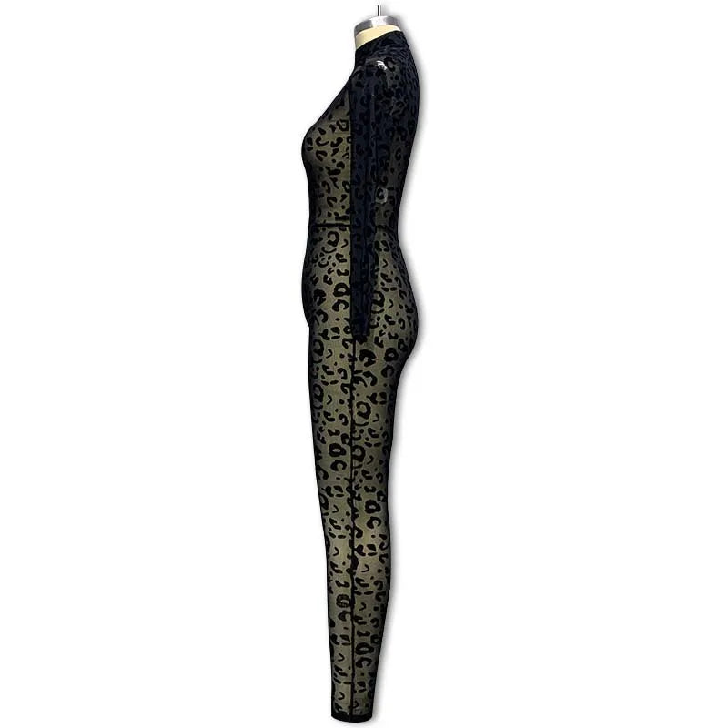Slim Fit Sheer Leopard Mesh Full Length Jumpsuit for Women