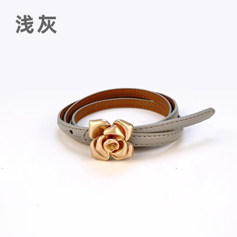 Double Sided Metal Flower Buckle Thin Belt for Women