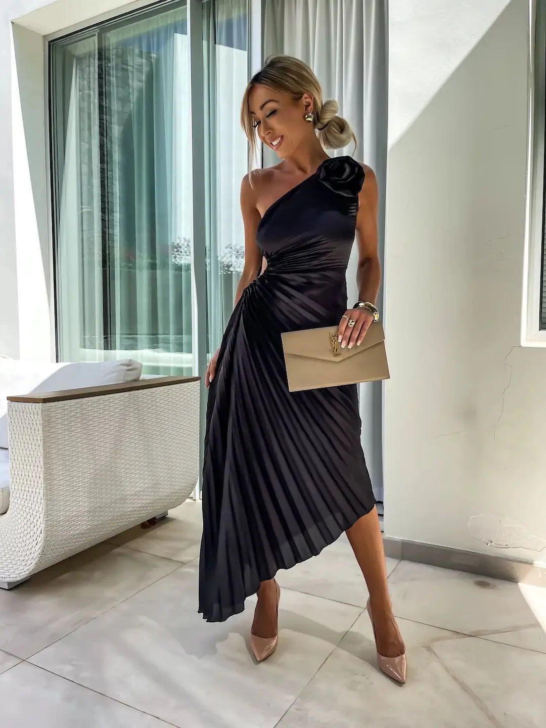 One Shoulder Flower Decor Pleated Elegant Dress for Women