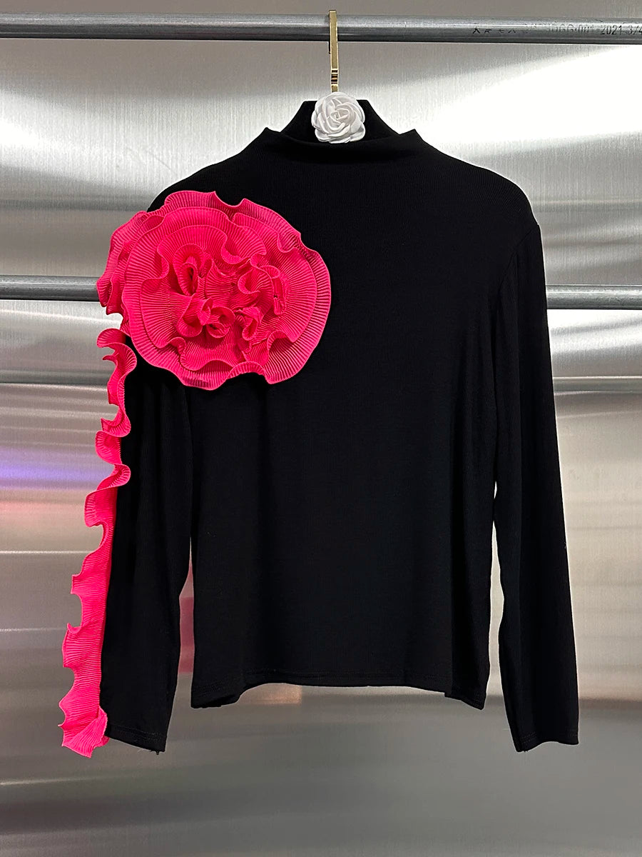VGH Temperament Spliced Fungus Shirt For Women Turtleneck Petal Sleeve Slimming Chic Elegant Hit Color Blouse Female Spring New