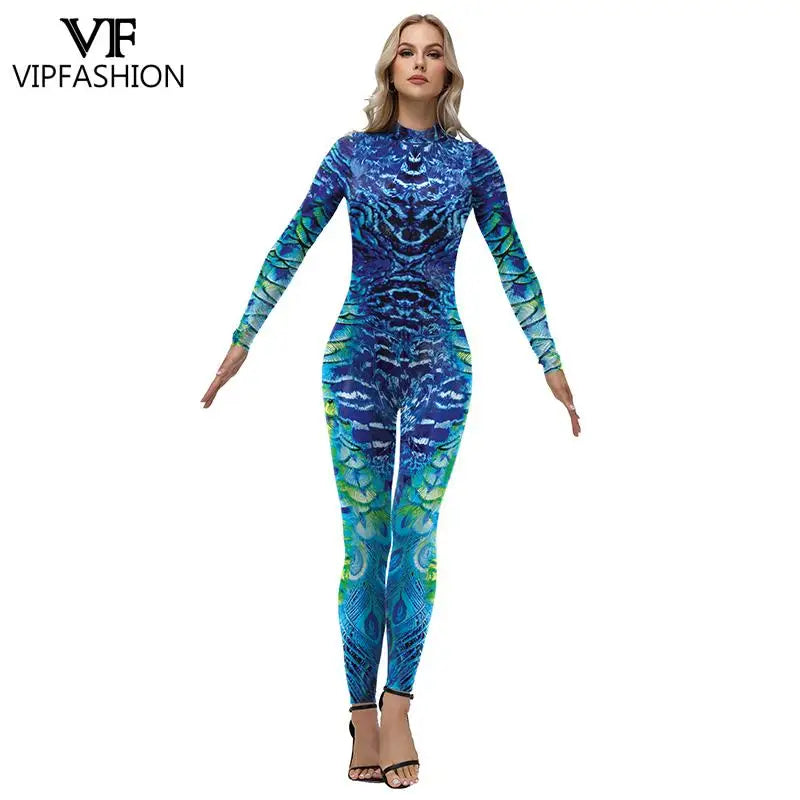 Peacock Feather Print Long Sleeve Elastic Jumpsuit for Women