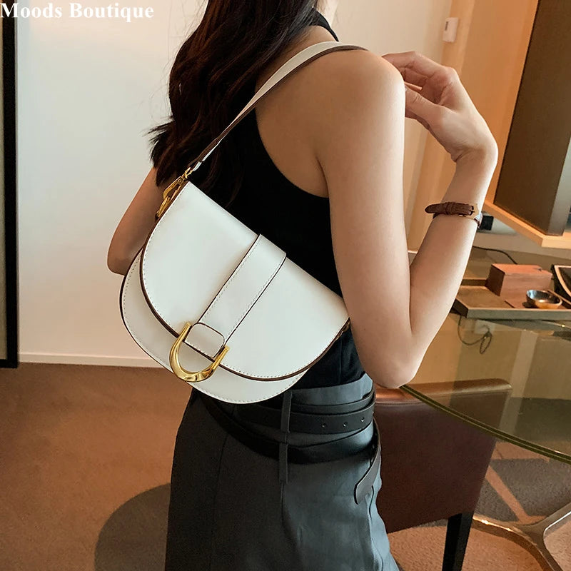 Solid Color Leather With Golden Hardware Saddle Shoulder Bag for Women