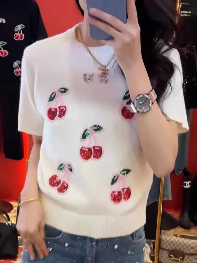 Sequined Beaded Cherry Knit Sweater Top With Short Sleeves for Women