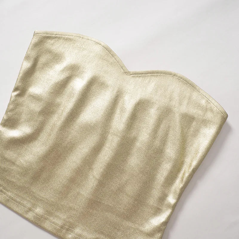 Cryptographic Fashion Vintage Strapless Gold Crop Tops Party Club Outfits for Women Tube Vest Sexy Backless Bustier Tops Y2K