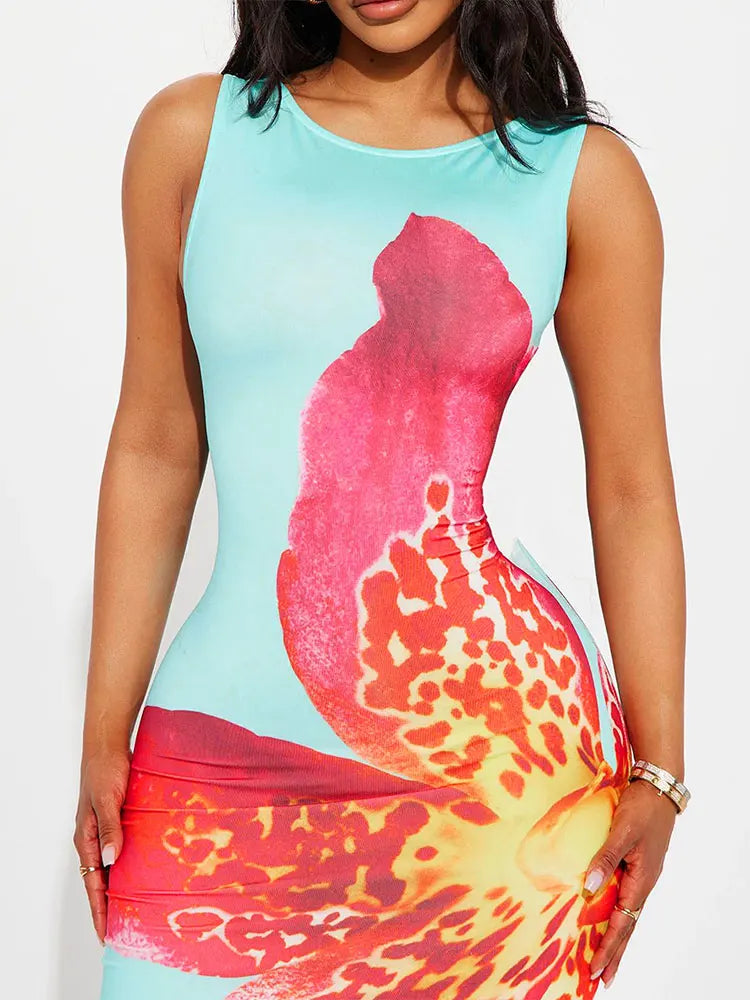 Summer New Women's Dresses Casual Slim Streetwear Fashion Print Maxi Dress Elegant Lady Sexy Backless Sleeveless Dress Clothing