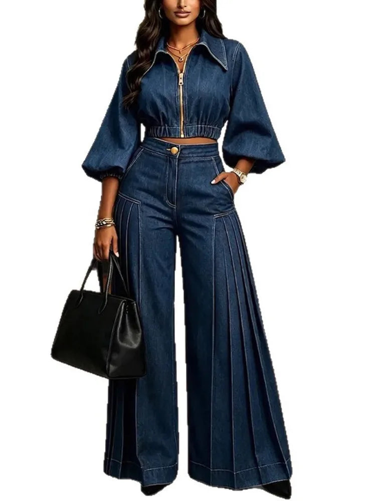 Puff Sleeve Wide Leg Denim Set