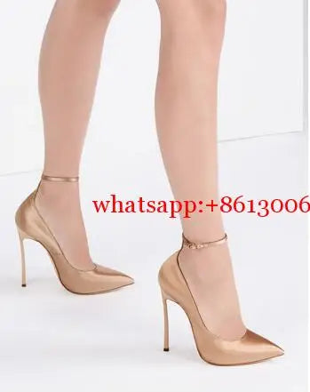 Champagne Silk Pointed Toe Stiletto Pumps With Ankle Strap for Women