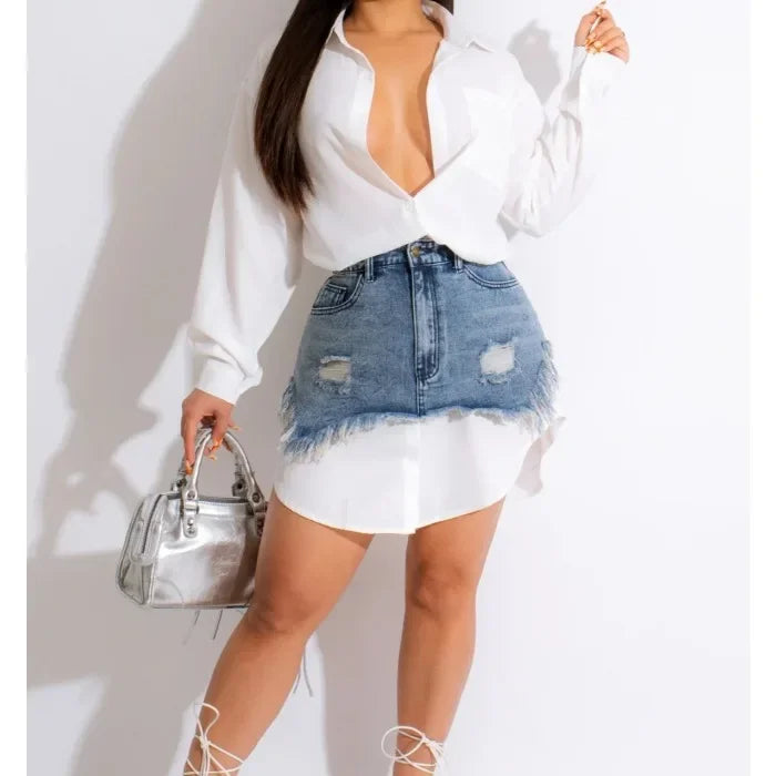 Denim Skirt Set Women Streetwear Fashion Long Sleeve Shirt Turn Down Collar Asymmetric Dress Casual Slim Dresses 2025 Spring