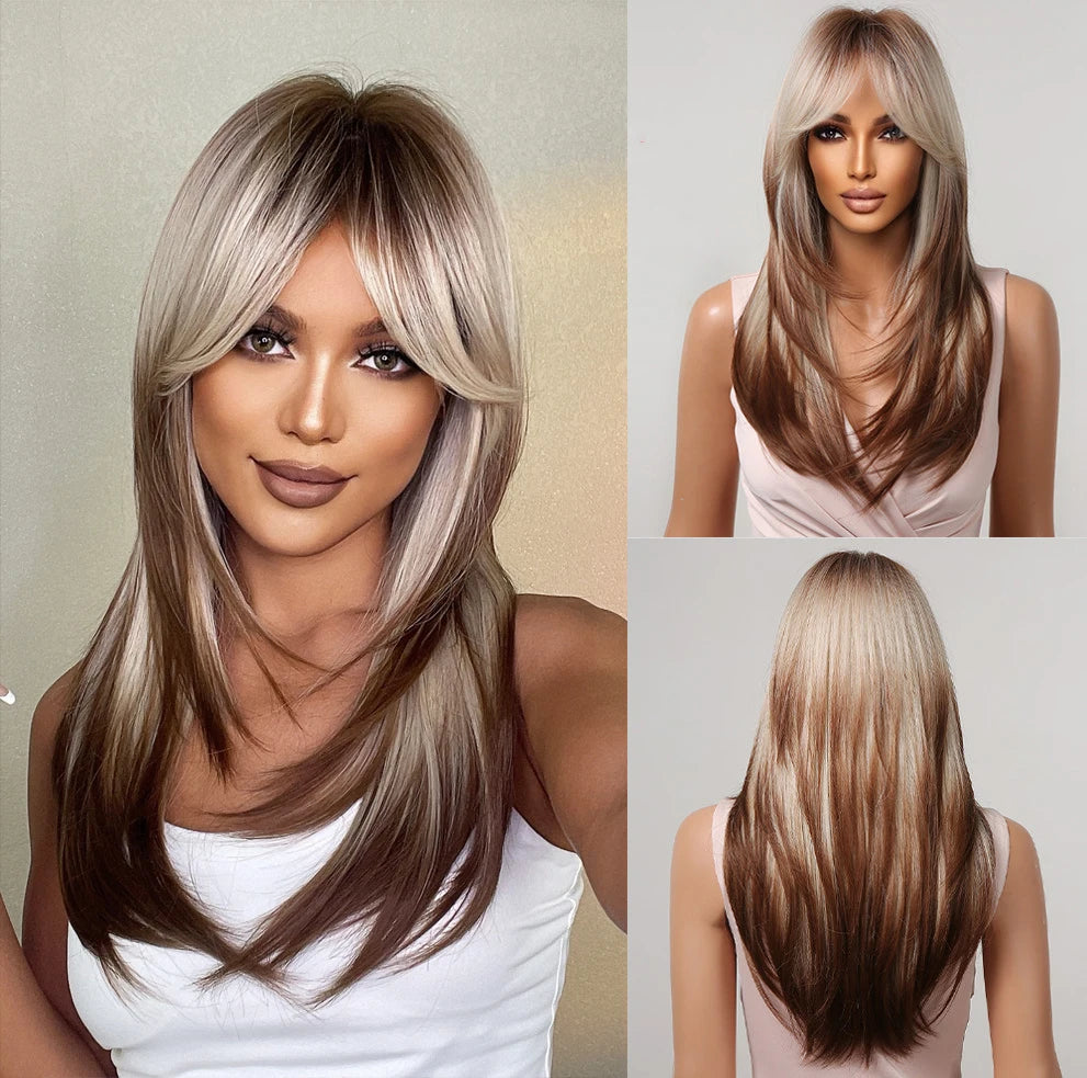 Long Straight Heat Resistant Synthetic Wig With Bangs for Women
