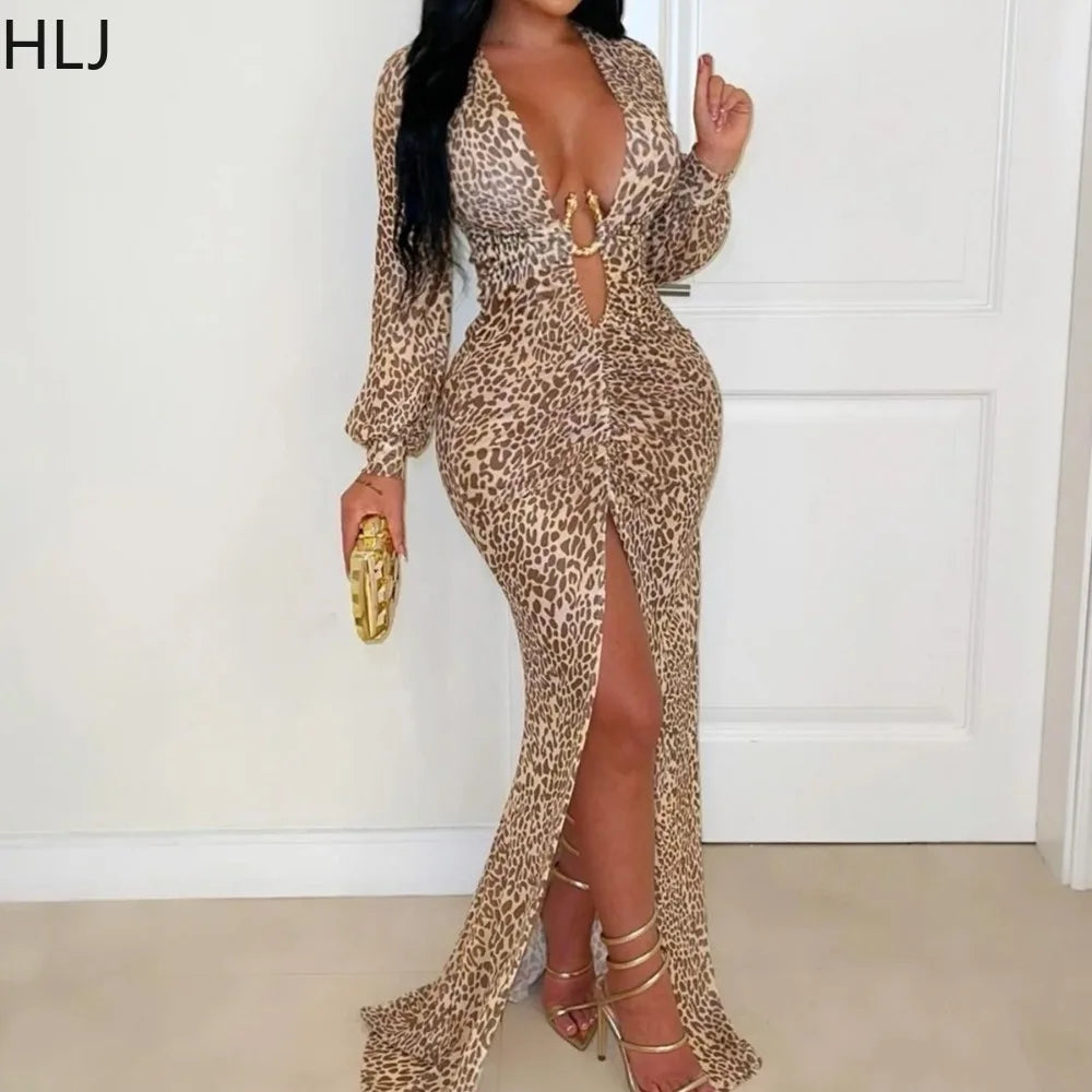 Leopard Print Deep V Neck High Slit Maxi Dress for Women
