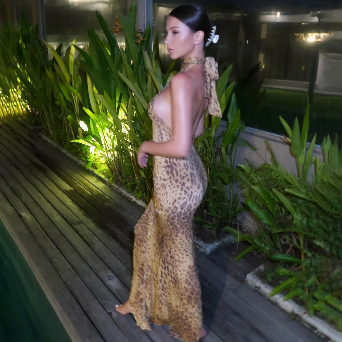 Halter Neck Leopard Print Backless Maxi Dress for Women