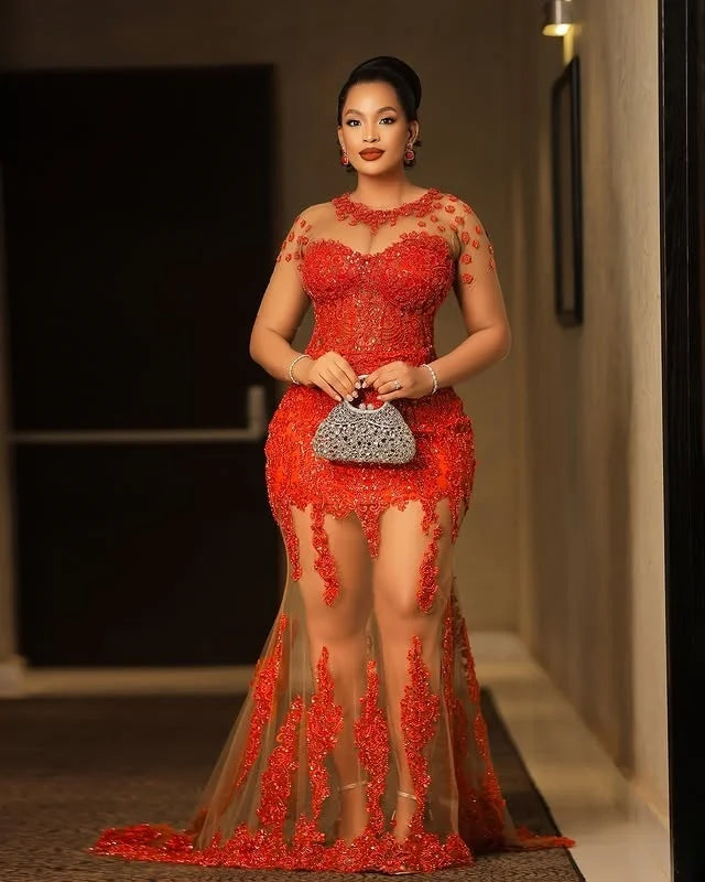 Elegant Lace Evening Dresses Ilusions Full Sleeves Long Aso Ebi Tulle Prom Gowns New Designer A Line Beaded Formal Dress