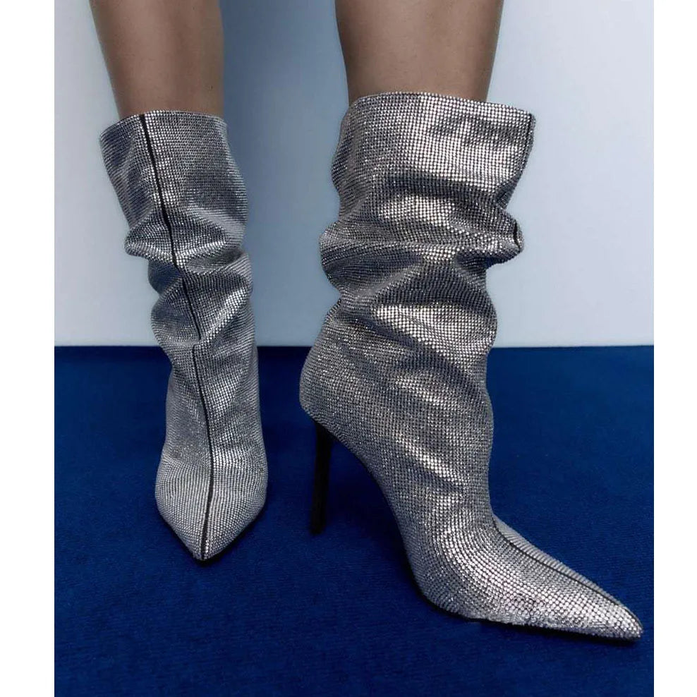 Rhinestone Embellished Pointed Toe Stiletto Boots For Women