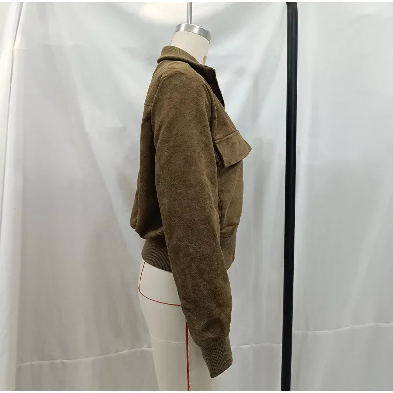 Vintage Suede Long Sleeve Jacket with Pockets for Women