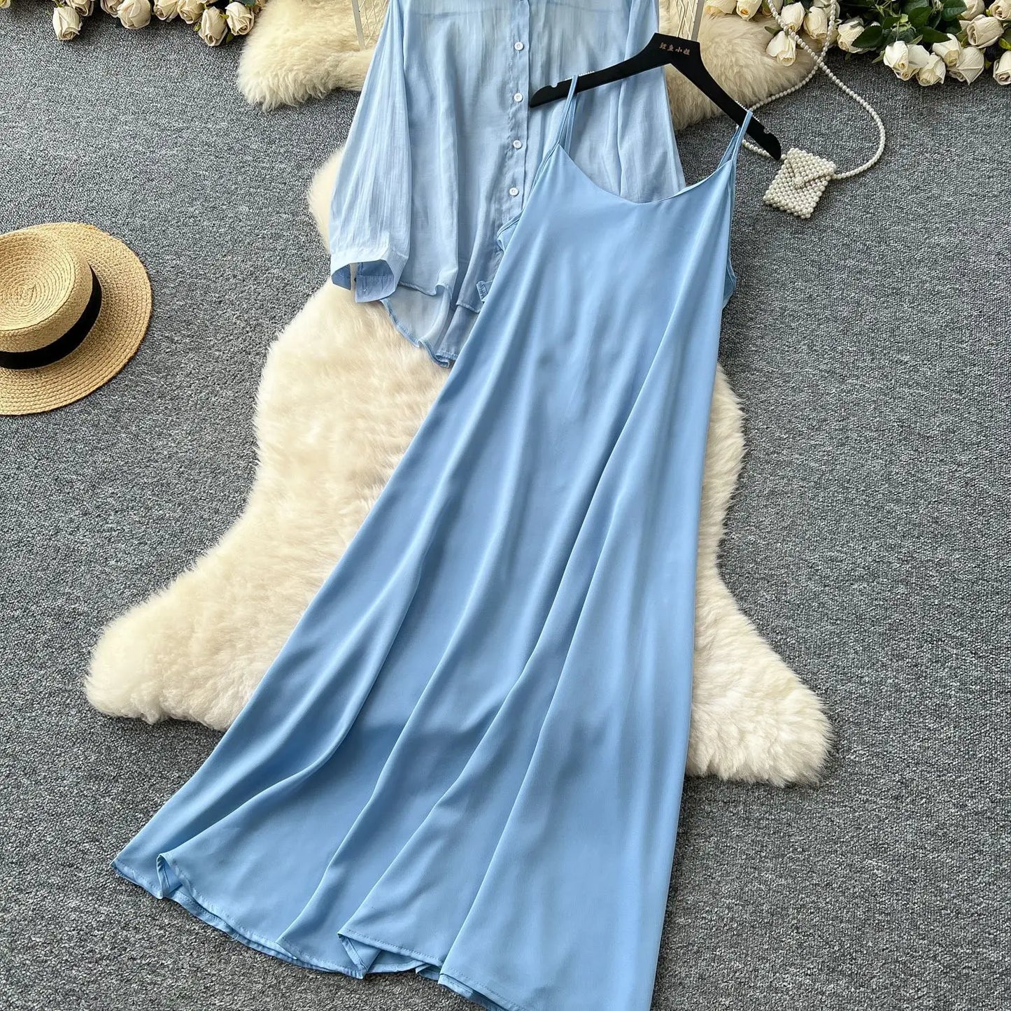 Elegant Long Sleeve Turn Down Collar Solid Color Two Piece Set for Women