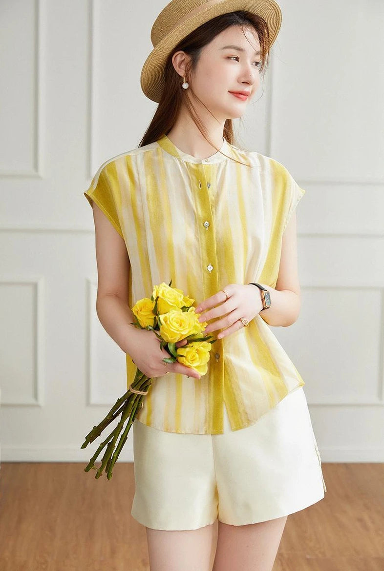 Women's Shirt and Blouse Chiffon Yellow Sleeveless Striped Female Tops Loose Summer Button Up Y2k Fashion Sale of Pretty Xl M