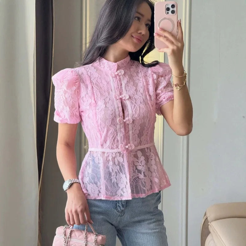 Short Sleeve Floral Lace Sheer Cheongsam Blouse for Women