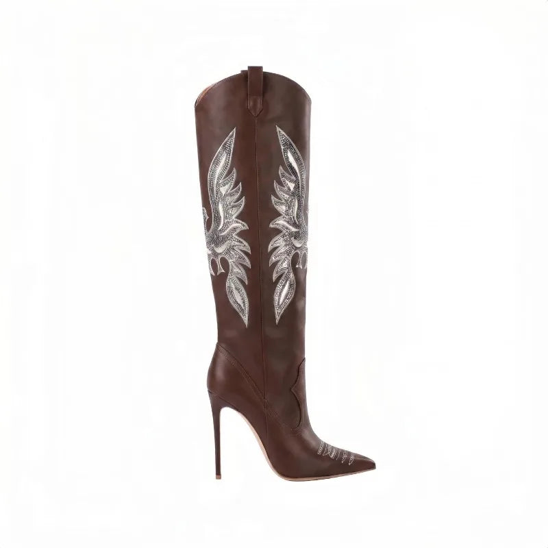 Retro Embroidered Rhinestone Knee High Cowboy Boots for Women