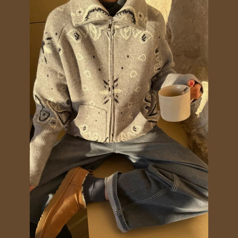 Gray Jacquard Knit Loose Cardigan Long Sleeve Casual for Women