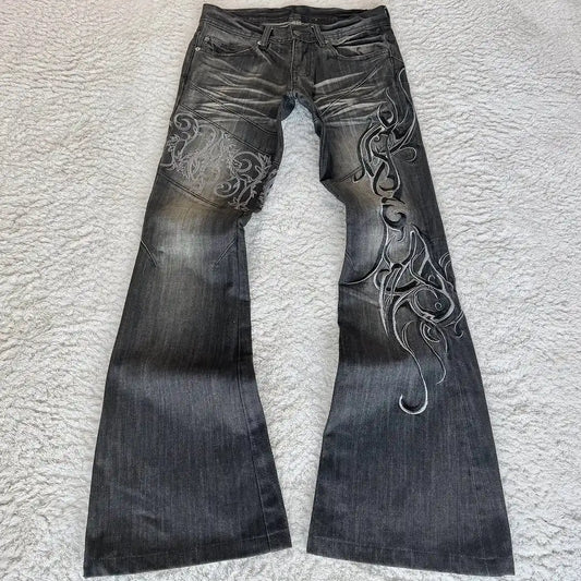 Trendy Three-dimensional Vision Vine Thorn Special Elements Printed Pattern Washing Jeans Women Street Casual Micro-flat Pants