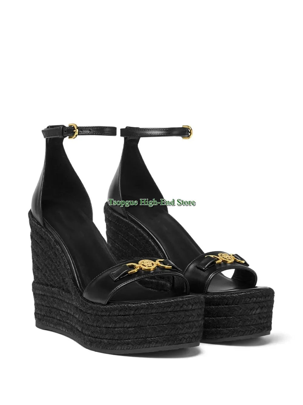 Woven Espadrille Platform Buckle Wedge Sandals for Women