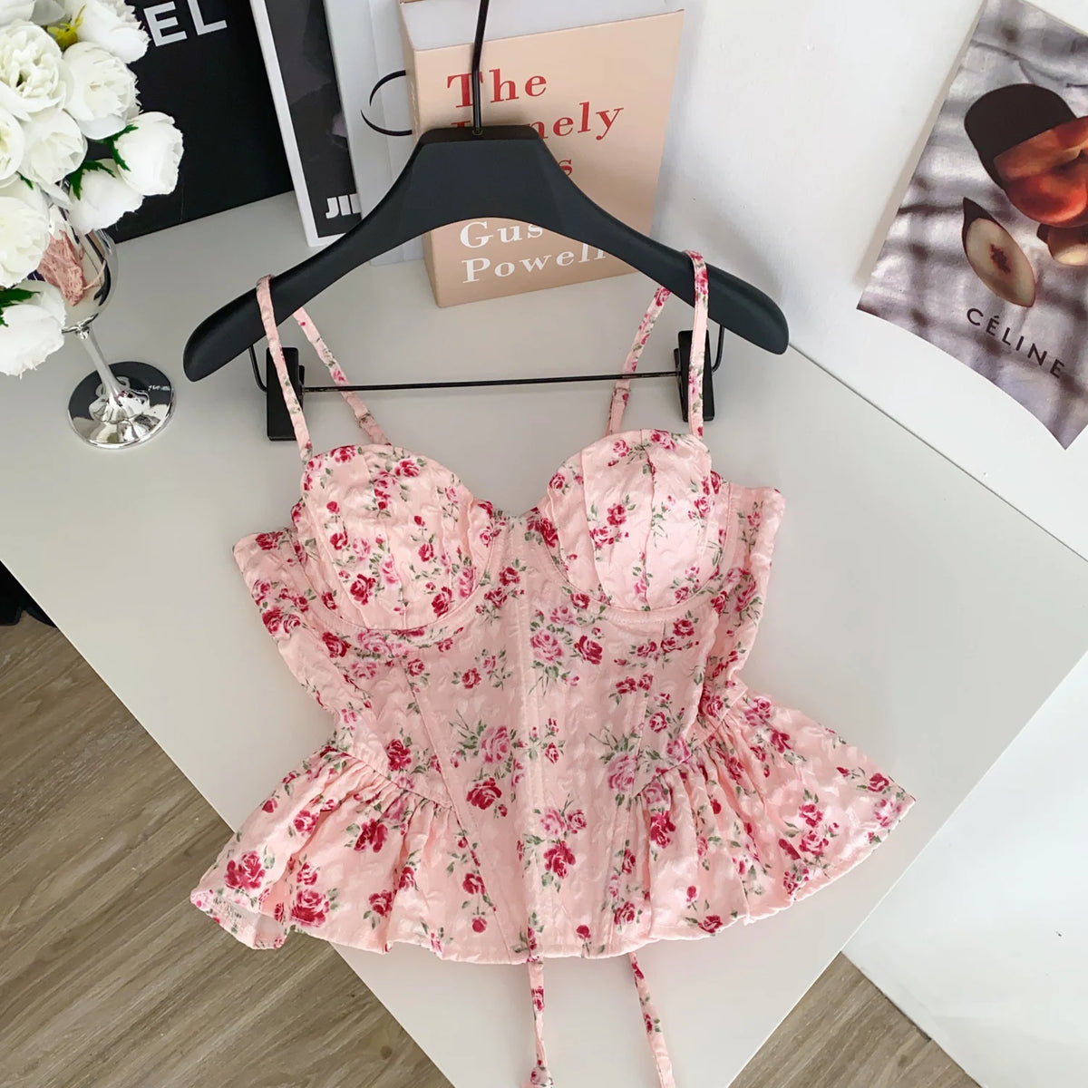 French Corset Print Ruffle Strap Tank Top for Women